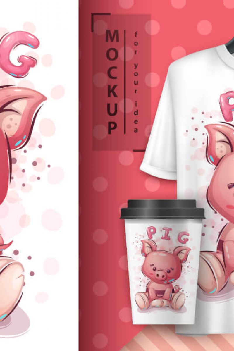 Pink pig poster and merchandising. Vector eps 10